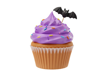 A single cupcake with purple frosting, sprinkles, and a bat decoration for Halloween.