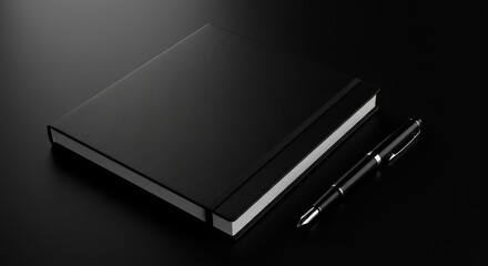 Sleek Monochrome Workspace: Black Notebook and Pen on Dark Surface for Creativity