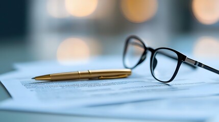 Fototapeta premium Business contract with elegant gold pen and reading glasses on blue tinted document with soft bokeh background, representing legal agreement and signing.