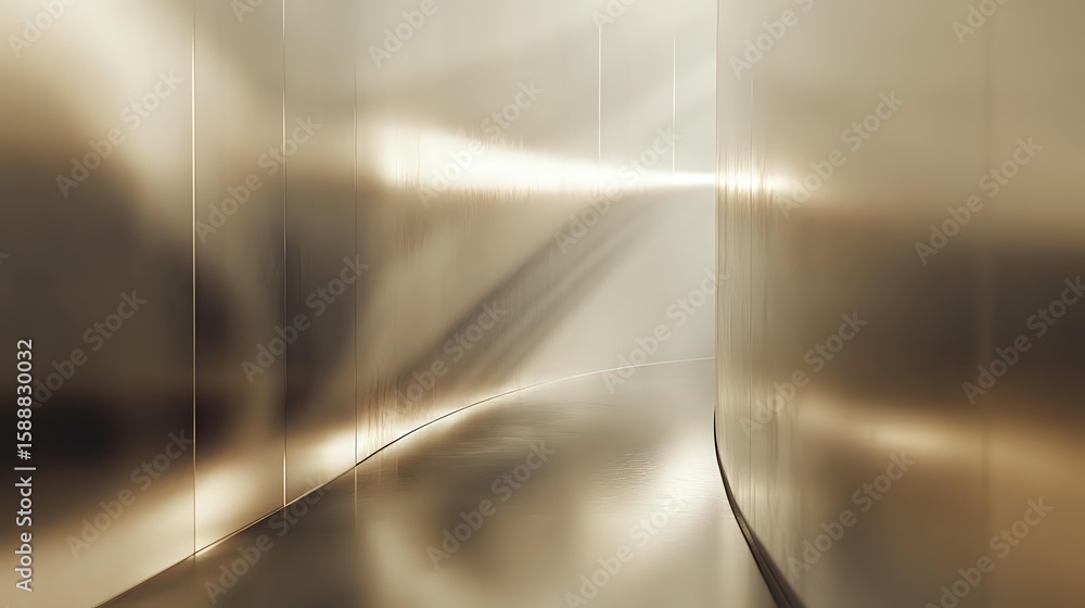 Poster minimalist curved corridor with dramatic lighting effects and metallic walls creating futuristic arc