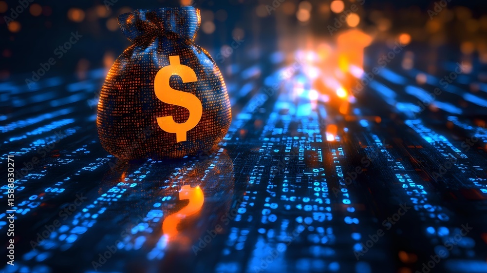 Poster digital dollar symbol on glowing binary code background with orange and blue light effects, represen