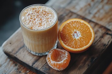 Creamy orange smoothie with a sprinkle of cinnamon, served in a glass with orange and mandarin slices.