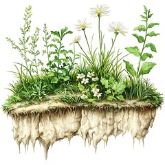 Miniature floating island with green plants and white daisies.
