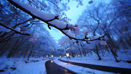 Winter cherry blossoms snow scene photography wallpaper background image hd quality