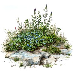 Delicate wildflowers bloom among rocks and green grass.