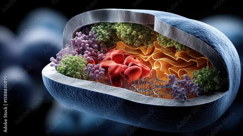 Poster a close up of a cell with a red blob in the middle