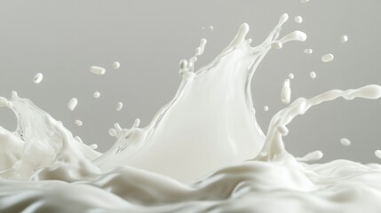Creamy swirling milk waves and droplets captured in motion on a soft gray background, Lactose based product presentation.