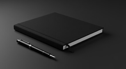 Monochrome Still Life: Black Notebook and Pen on Dark Surface for Writing Concepts