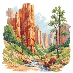 Majestic Canyon with a Flowing River and Towering Red Cliffs.