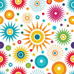 Naklejka premium Colorful Seamless Pattern of Sunburst and Circle Motifs
