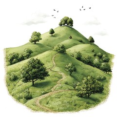 A Peaceful Journey Up A Lush Green Hillside To A Small Cabin.
