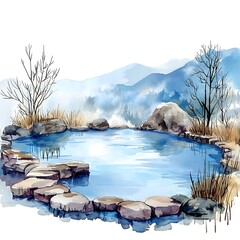 Serene Mountain Lake with Bare Trees and Rocky Shoreline.