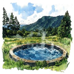 Serene Hot Spring Oasis Amidst Lush Green Mountains and Trees.