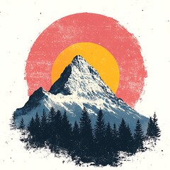 Majestic Snowy Mountain Peaks Under a Red and Yellow Sun