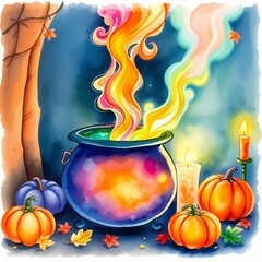 Cauldron and Pumpkins Halloween Scene