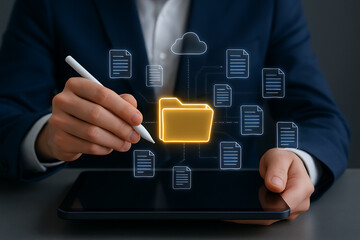 Fototapeta premium professional interacting with digital tablet showing virtual global network of connected people and online communication in business environment