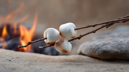 Three marshmallows roasting on sticks over a crackling campfire, creating a cozy atmosphere for enjoying a delicious summer treat while camping with family and friends
