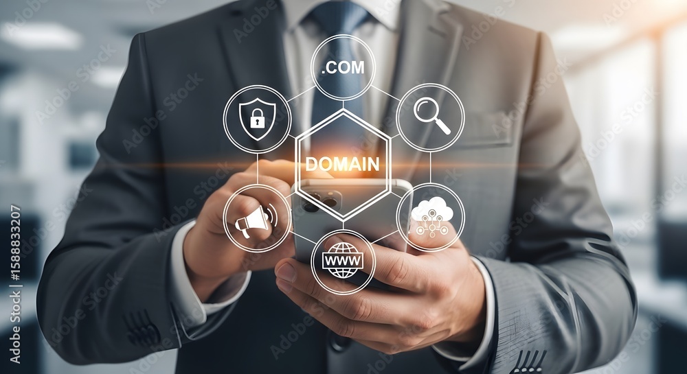 Poster man in suit interacting with domain registration and online search icons on a mobile device, symboli