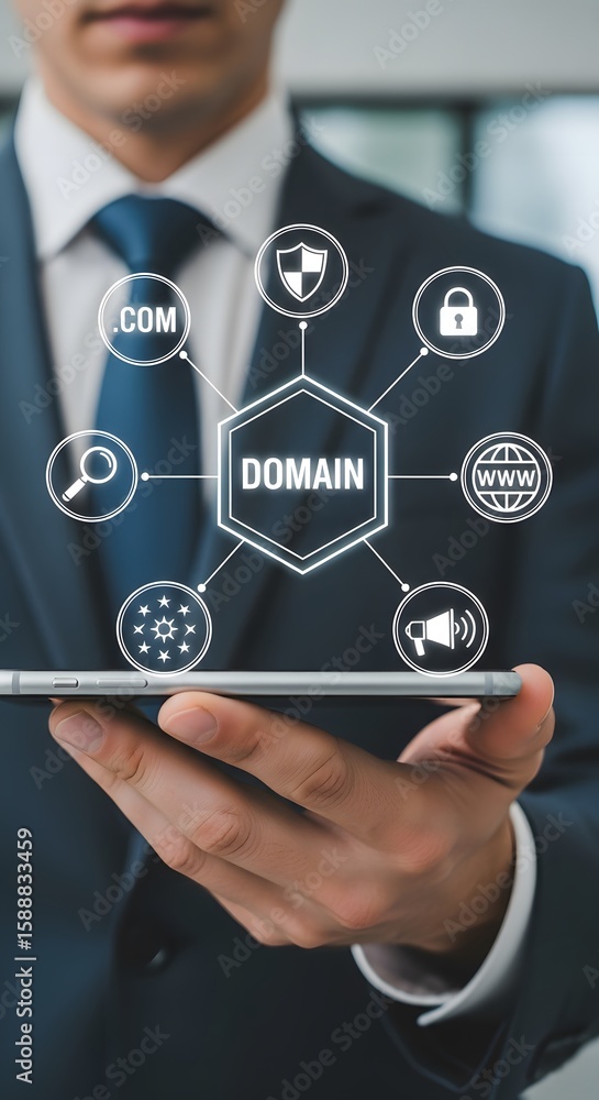Poster businessman presents website domain name hosting with security, marketing, and development services 