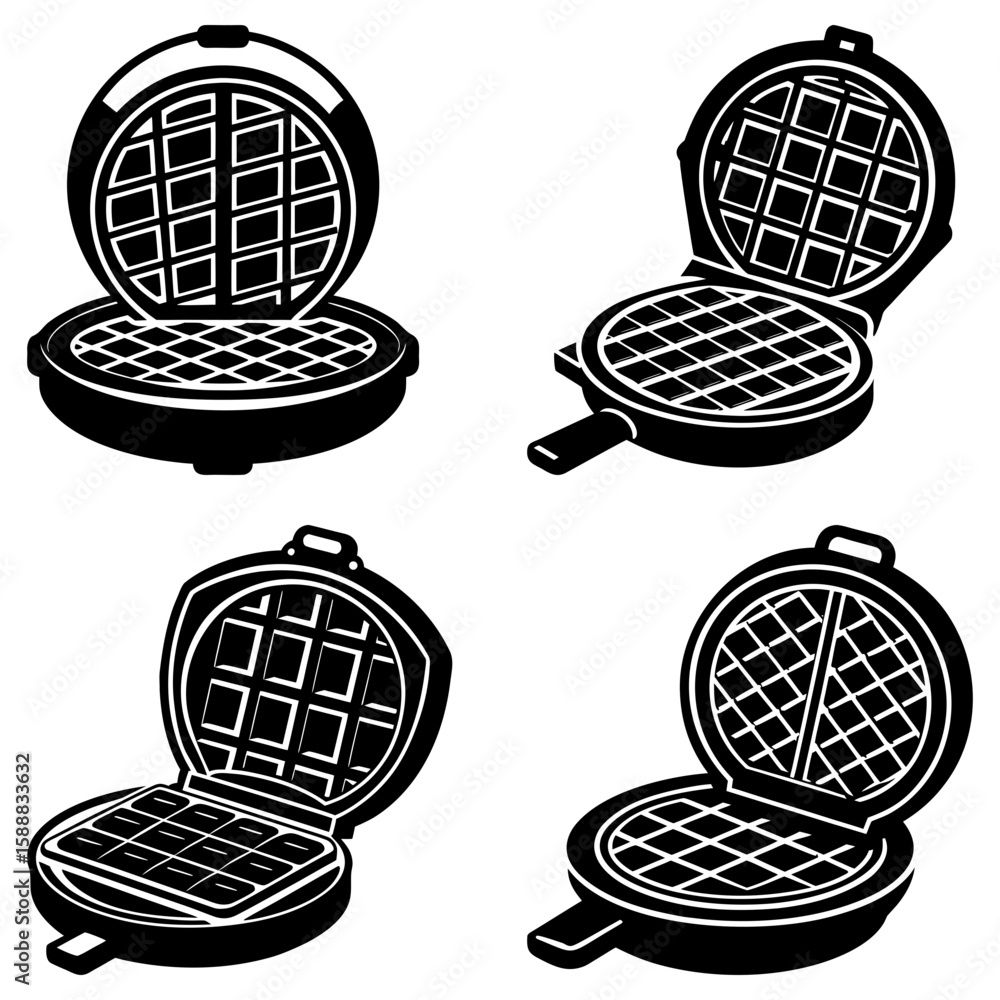 Poster four waffle makers in various open positions showcasing their waffle grid patterns and handles desig