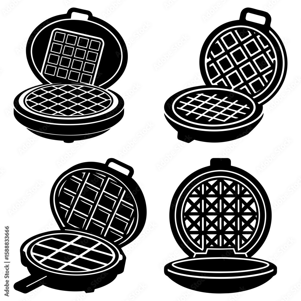 Poster illustrations of waffle makers in open positions showing grid patterns on cooking surfaces design el