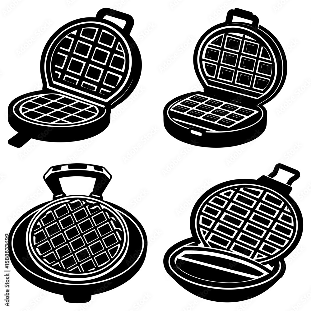 Poster four waffle makers with grid patterns in various open positions on a white background in black and w