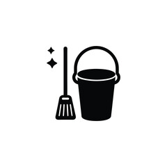 Floor Cleaning Icons Featuring Mop Broom and Bucket Glyph