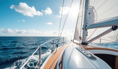 Fototapeta premium Sailing on calm ocean with beautiful sky, boat glides smoothly through water, creating serene and adventurous atmosphere