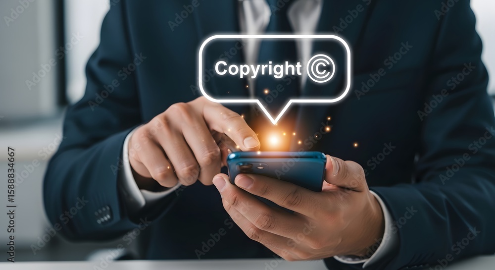 Poster protecting intellectual property with a copyright notice on a smart device displays the importance o