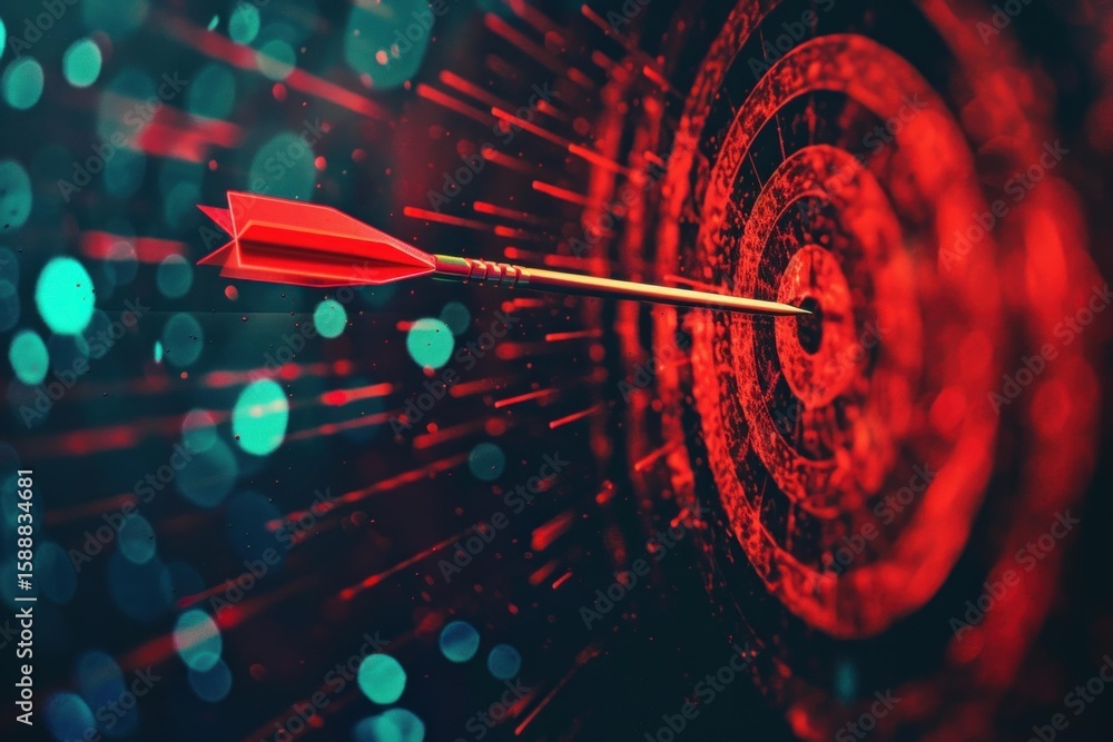 Poster red dart striking the center of a glowing target with dynamic motion