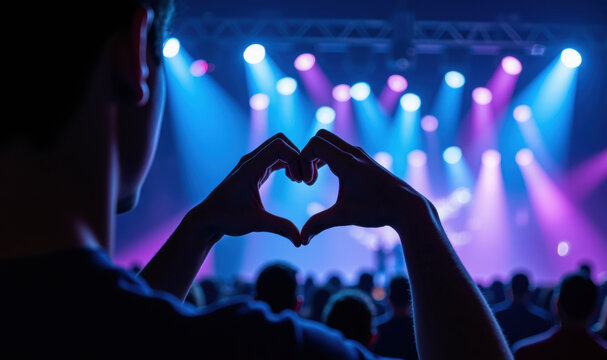 Person creates heart shape with their hands at vibrant concert, surrounded by colorful stage lights and engaged audience