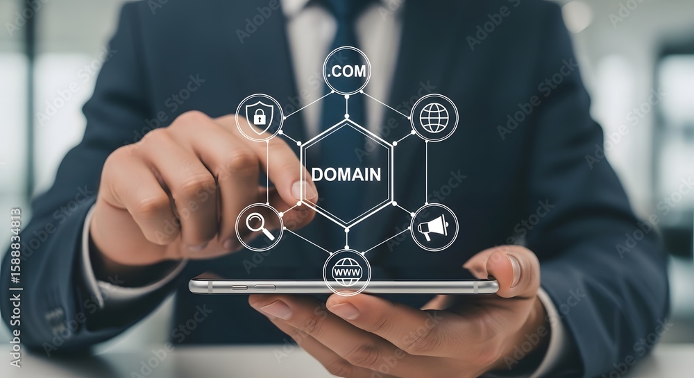 Poster businessman holds phone showcasing domain name connection, emphasizing web hosting, internet service
