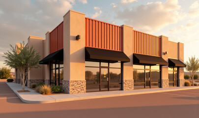 Modern commercial building with large windows, stone accents, and awnings, set against sunset sky. scene conveys welcoming atmosphere