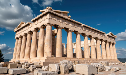 Obraz premium Parthenon stands majestically with its iconic columns under bright blue sky, showcasing ancient architecture and historical significance