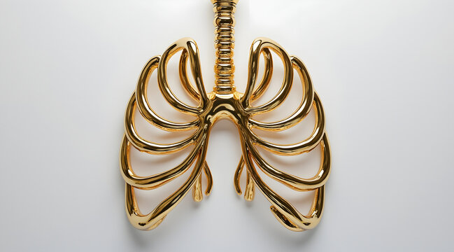 Golden human lungs sculpture with shiny polished surface and trachea rings, artistic medical concept with bright metallic finish