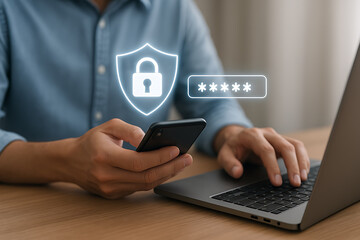 Naklejka premium User entering secure password on laptop while holding smartphone, with glowing security icons representing online protection and digital privacy