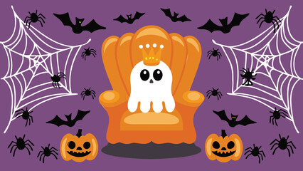 A cute ghost wearing a crown sitting on an orange chair surrounded by halloween themed items
