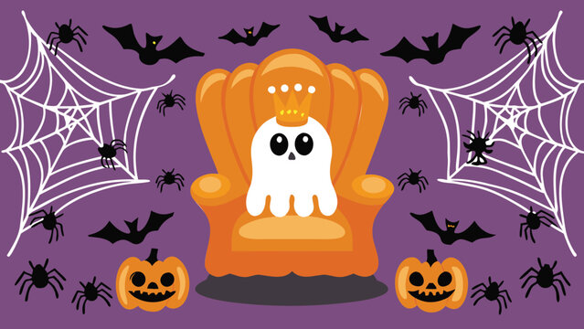 A cute ghost wearing a crown sitting on an orange chair surrounded by halloween themed items
