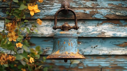 A rustic antique bell hanging on weathered blue wood amidst natural yellow flowers photo
