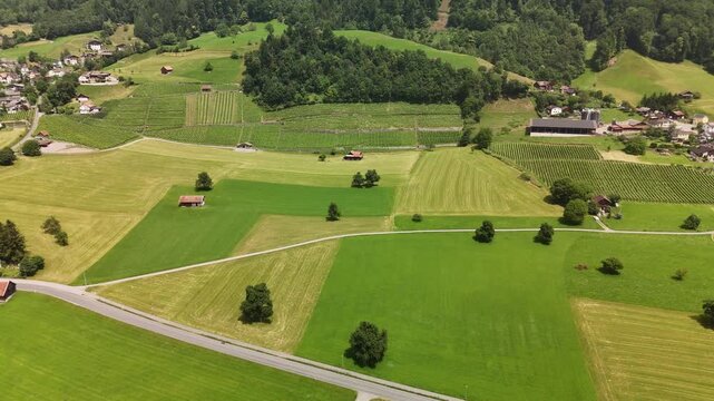 Scenic Aerial View of a Valley with Green Fields and Mountain Landscape in Switzerland near Flums, Berschis, and Walenstadt in the Canton of St. Gallen &ndash; Drone Footage