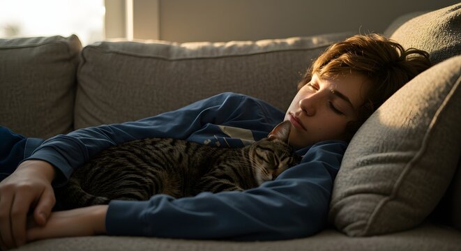 Teenager asleep on a couch with a tabby cat resting on his chest in a peaceful indoor setting - Powered by Adobe