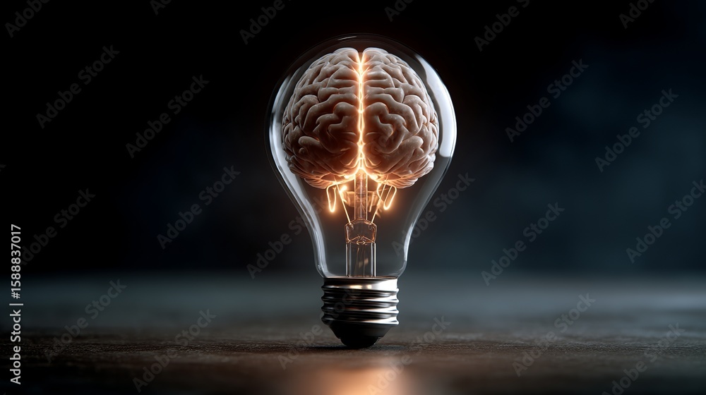 Poster an illuminating concept showcasing human intellect contained within a lightbulb symbolizing bright i