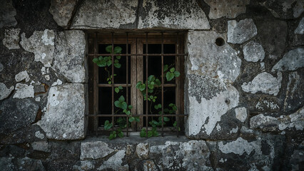 Old Barred Wooden Window with Ivy Growing on Weathered Stone Wall