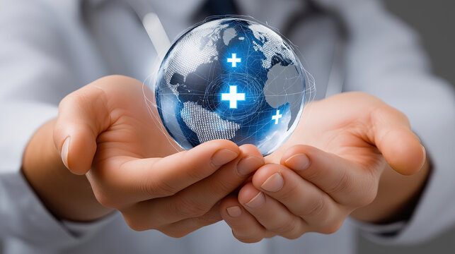 Hands holding globe symbolizing global health, with medical cross signs representing care and support for health worldwide