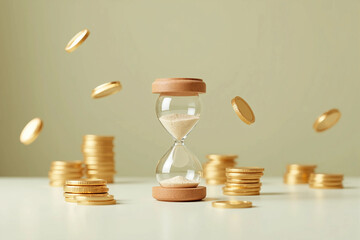 Elegant hourglass with golden sand surrounded by stacks of shiny unbranded gold coins in motion, symbolizing time investment, financial growth, and long-term value on warm minimal background