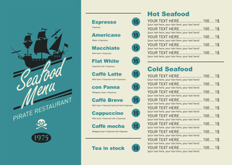Vector banner with image of a ship or an old caravel on the theme of seafood and ocean fish with space for text. Logo, menu for a restaurant, cafe. Signboard, billboard for a fish market, store. No ai