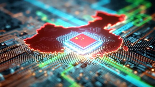 Map of China glowing in red with a central microchip, symbolizing China's advancement in semiconductor technology, digital power, and tech industry dominance