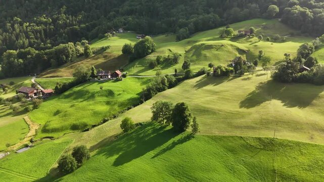 Aerial View of Scenic Green Hills and Countryside in Switzerland. Mountains Near Flums, Berschis and Walenstadt, Switzerland &ndash; Drone Footage