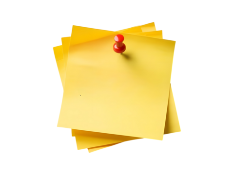 Yellow sticky notes with a red pushpin isolated on transparent background