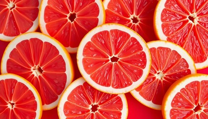 Vibrant pink grapefruit slices arranged artfully on a crimson background ,  bright,  grapefruit